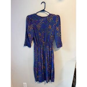 Vintage Pellini Von Bramlett Paisley Midi Dress Blue Puffed Shoulder 80s USA 6
